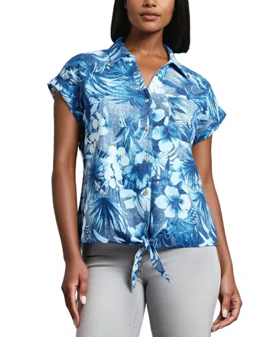 Jones New York Women's Printed Tie-waist Cap-sleeve Shirt
