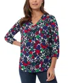 Jones New York Petite Floral Print Blouson-sleeve V-neck Blouse In Sapphire Multi