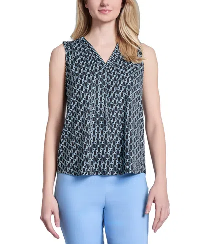 Jones New York Women's Printed V-neck Sleeveless Pleat-front Top In Jones Black Multi