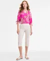 Jones New York Womens Paisley Print Tie Sleeve Blouse Pull On Cropped Stretch Capri Pants In Pink