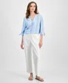 Jones New York Stripe Three Quarter Sleeve Linen Blend V-neck Top In Nyc White