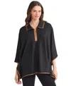 Jones New York Plus Size Faux-leather-trim Quarter-zip Poncho In Black