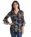 Jones New York Women's Sheer-flutter-sleeve Y-neck Blouse In Multi