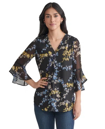 Jones New York Women's Sheer-flutter-sleeve Y-neck Blouse In Multi