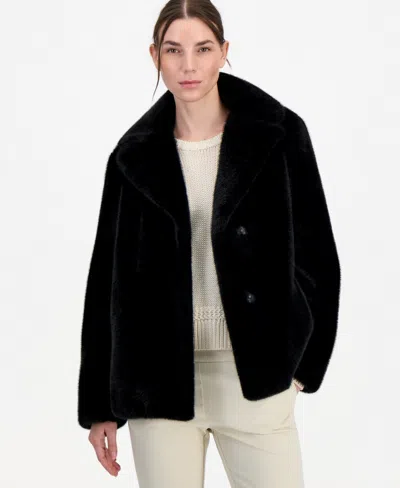 Jones New York Women's Short Faux-fur Notch-collar Coat In Black