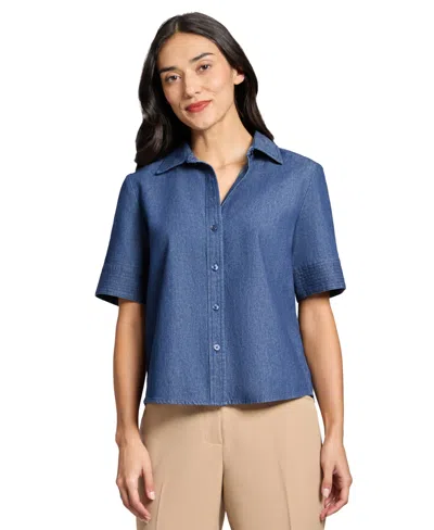 Jones New York Petite Cotton Short-sleeve Chambray Shirt In Dark Blue