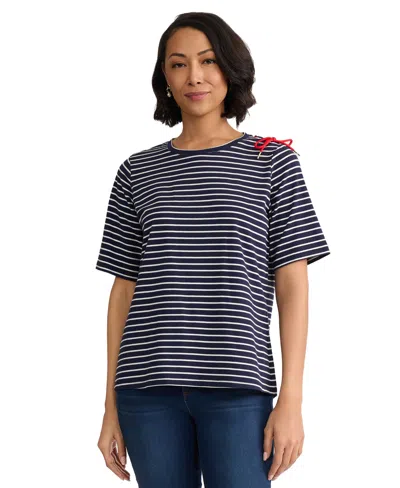 Jones New York Stripe Lace-up Shoulder T-shirt In Multi