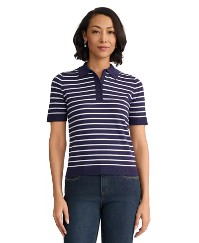 Jones New York Womens Short Sleeve Striped Polo T Shirt In Blue