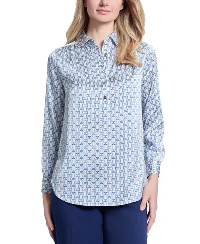 Jones New York Women's Side-button Long-sleeve Satin Tunic In Jones White Multi
