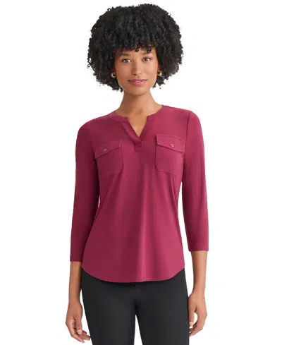 Jones New York Women's Solid 3/4-sleeve Flap-pocket Knit Top In Burgundy