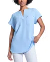 Jones New York Split Neck Cuff Cap Sleeve Tunic Top In Chintz Blue