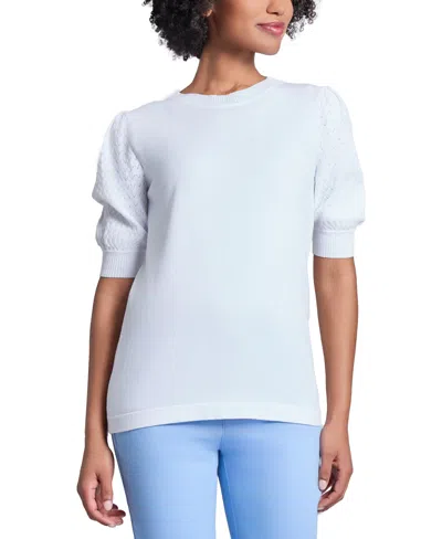 Jones New York Women's Stitch Puff Sleeve Crewneck Sweater In Nyc White