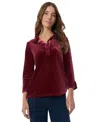 Jones New York Women's Stretch Velour 3/4 Sleeve Popover Collar Top In Bordeaux