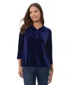 Jones New York Women's Stretch Velour 3/4 Sleeve Popover Collar Top In Dark Sapphire