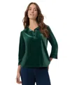 Jones New York Women's Stretch Velour 3/4 Sleeve Popover Collar Top In Forest Green