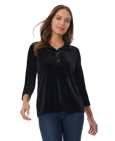 Jones New York Women's Stretch Velour 3/4 Sleeve Popover Collar Top In Jones Black