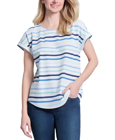 Jones New York Women's Striped Crewneck Cuffed-sleeve Top In Nyc White Multi