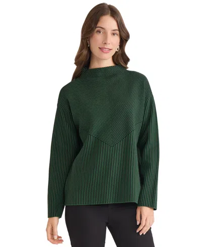 Jones New York Women's Striped Funnel Mock Neck Sweater In Green