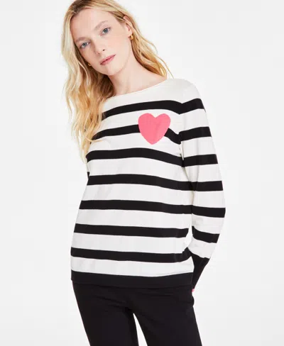 Jones New York Women's Striped Heart Boat-neck Sweater In Jones White Multi