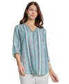 Jones New York Stripe Linen Blend Popover Top In Nyc White,teal Multi