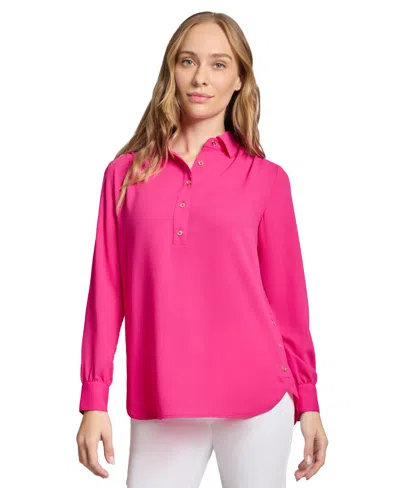 Jones New York Long Sleeve Shirttail Side Button Popover Tunic In Azalea