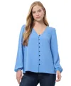 Jones New York Women's V Neck Button Front Top With Long Sleeves Jasper Crepe In Blue Horiz