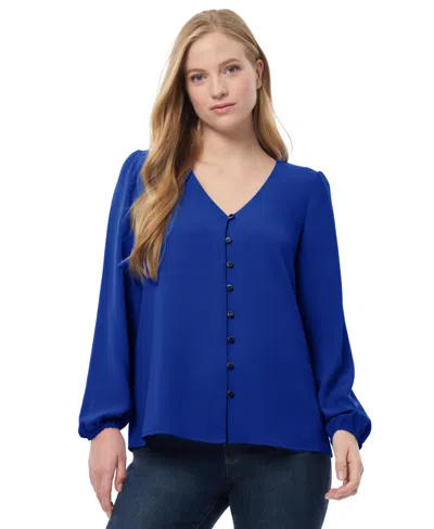 Jones New York Women's V Neck Button Front Top With Long Sleeves Jasper Crepe In Sapphire