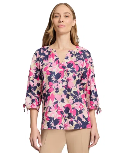 Jones New York Women's V Neck Raglan Sleeve Blouse With Tie Detail Printed Linen In Jones White