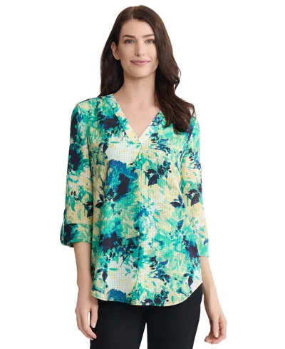 Jones New York Women's V-neck Roll-up Sleeve Tabs Tunic Top In Multi