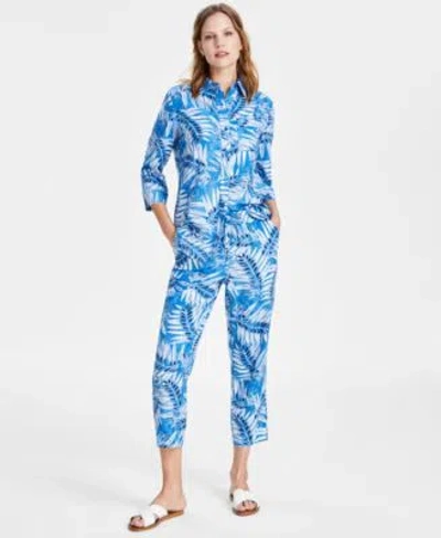 Jones New York Womens 3 4 Sleeve Printed Shirt Cropped Pants In Mystic Blue,oxford Multi