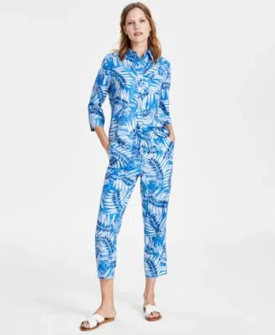 Jones New York Womens 3 4 Sleeve Printed Shirt Cropped Pants In Blue Lagoon,jones White