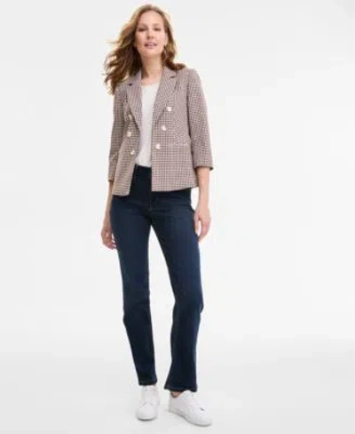 Jones New York Womens Checkered Print Faux Double Breasted Jacket Extended Shoulder Lattice Neck Top Lexington Mid 