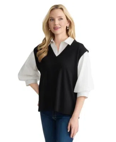 Jones New York Womens Collared Serenity Twofer Top In Black