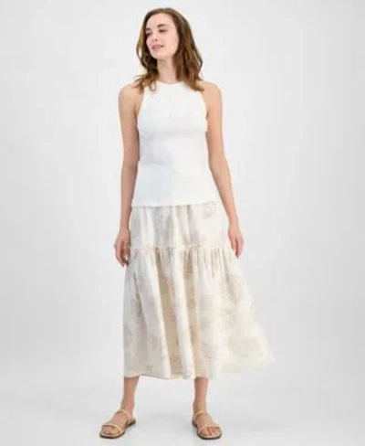 Jones New York Womens Cutaway Applique Tank Top Tiered Maxi Skirt In Jones White,natural Stone