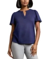 Jones New York Womens Drapey Split Neck Short Sleeve Top Xs Pxl In Blue