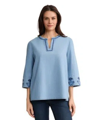Jones New York Womens Embroidered 3 4 Length Sleeve Cotton Blouse In Blue
