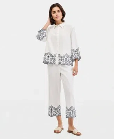 Jones New York Womens Embroidered Button Front Shirt Cropped Pull On Pants In White