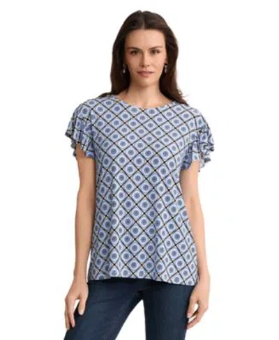 Jones New York Womens Flutter Short Sleeve Top In Blue