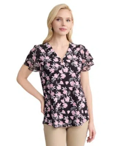 Jones New York Womens Flutter Sleeve V Neck Top In Black