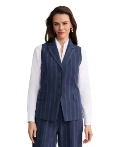 Jones New York Womens Four Button Linen Blend Peak Lapel Vest In Blue