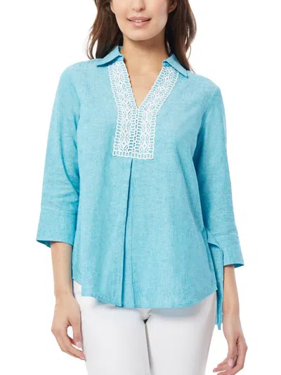 Jones New York Womens Linen Blend Lace Neck Blouse In Multi