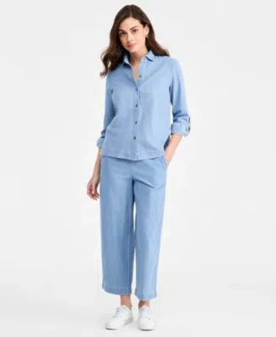 Jones New York Womens Long Sleeve Button Front Shirt Wide Leg Pants In Blue