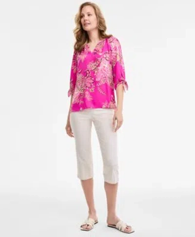 Jones New York Womens Paisley Print Tie Sleeve Blouse Pull On Cropped Stretch Capri Pants In Pink