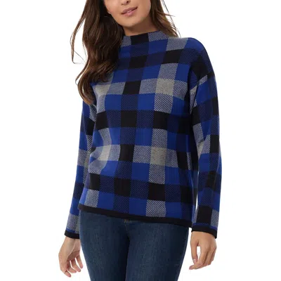 Jones New York Womens Plaid Knit Mock Turtleneck Sweater In Sapphire Multi