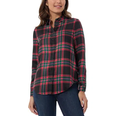 Jones New York Womens Plaid Satin Button-down Top In Deep Rouge