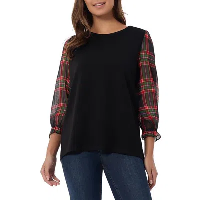 Jones New York Womens Plaid Viscose Pullover Top In Black