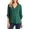 Jones New York Womens Pocket Chiffon Button-down Top In Green