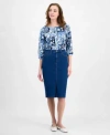 Jones New York Womens Printed 3 4 Sleeve Top Denim Pencil Skirt In Nyc White Multi