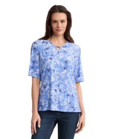 Jones New York Womens Printed Double Keyhole Top In Blue