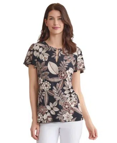 Jones New York Womens Printed Embellished Neck Flutter Sleeve Top Xs Pxl In Multi